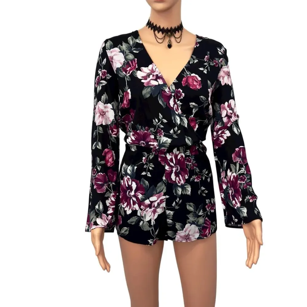 Romantic Goth Floral Romper with Lace-Up Back XS Modern Boho Festival LA Hearts